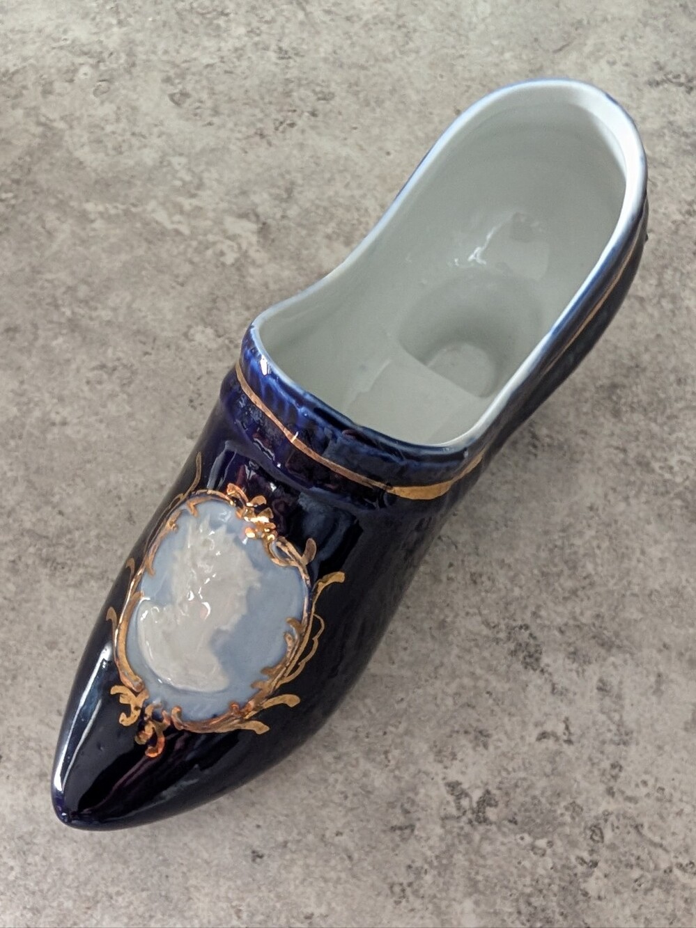 Royal Blue Medallion Cobalt Blue Porcelain Shoe Trinket with Cameo